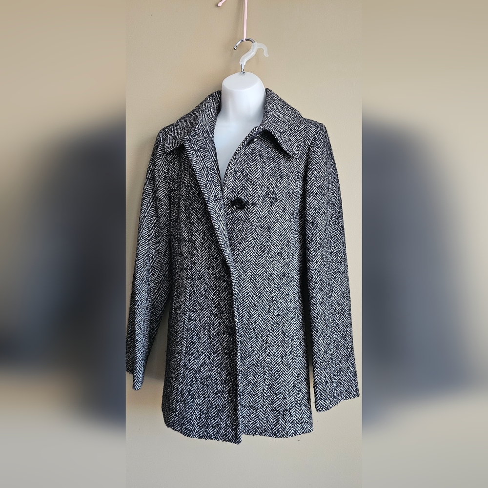 London Fog Black and White Herringbone Trench Coat